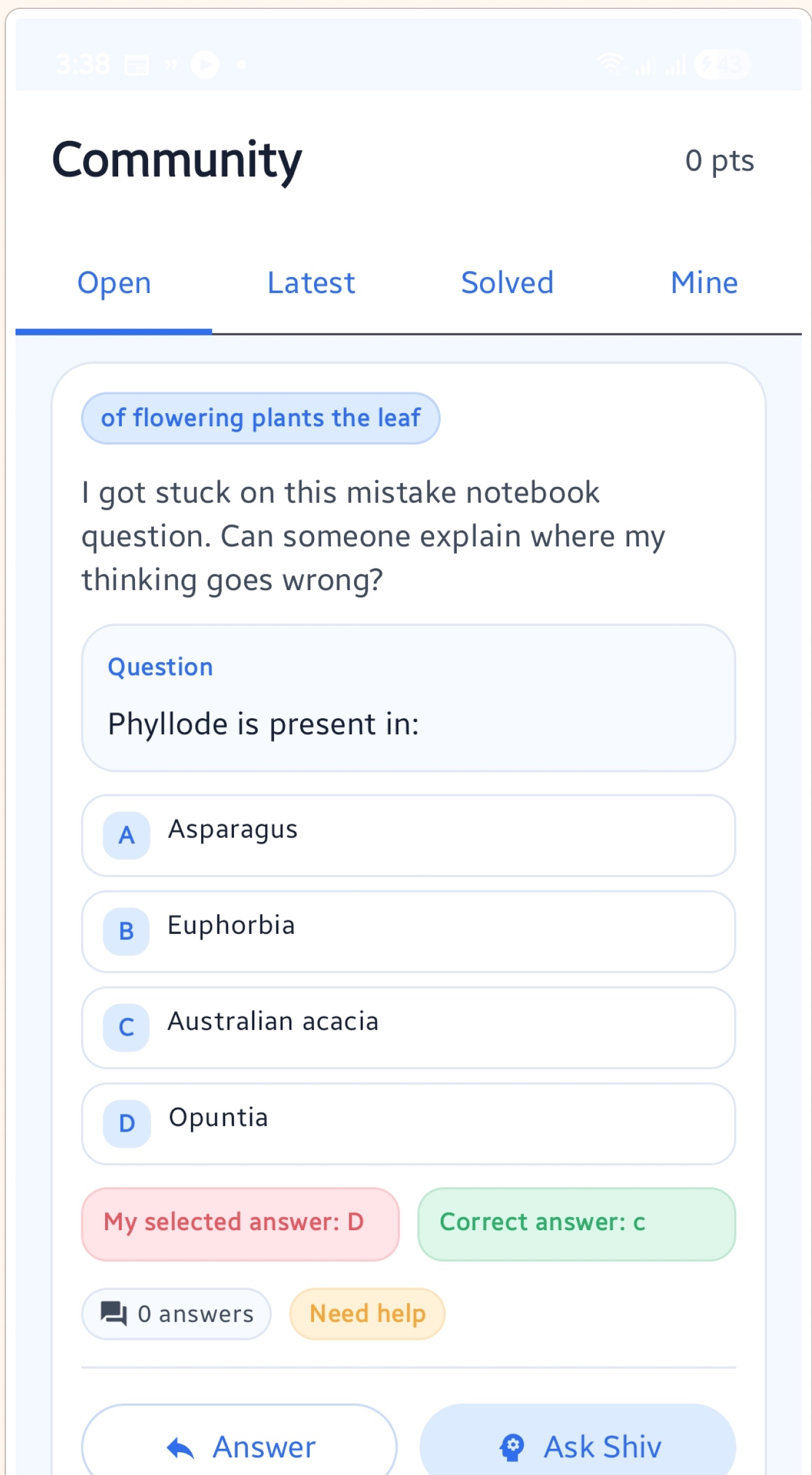 A doubt shared in Learnzy Community, with options to answer or ask Shiv