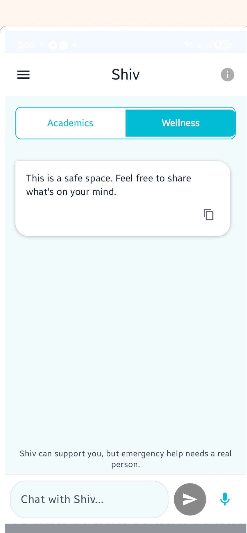 Shiv Wellness mode where students can share what is on their mind