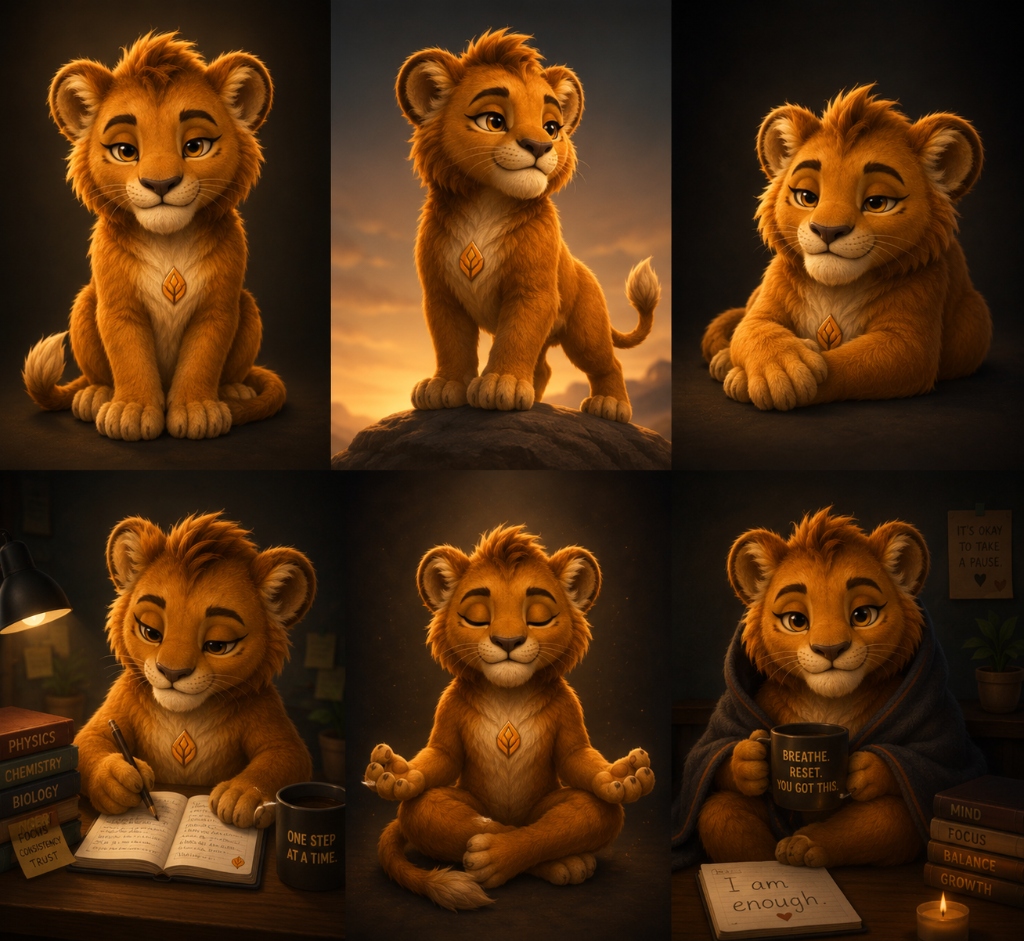 Learnzy Lion Cub studying at desk with lamp and books