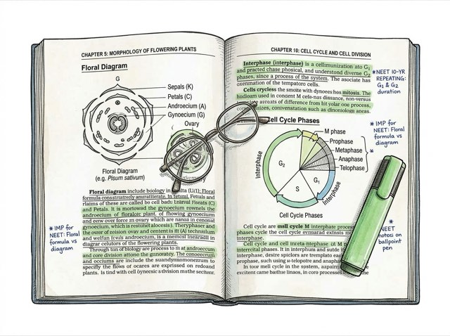 Well-thumbed NCERT Biology textbook with highlighted lines, floral diagram, cell cycle, and glasses