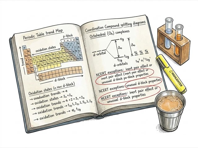 Hand-drawn periodic table trend map, coordination compound splitting, and NCERT exceptions