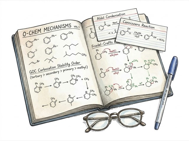 Handwritten organic reaction mechanisms, carbocation stability order, and reaction flashcards