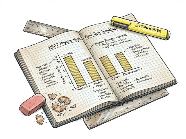 Hand-drawn NEET physics chapter weightage analysis on student graph paper with ruler and highlighter