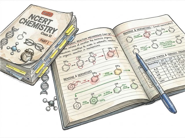 Himanshu's handwritten 30-page chemistry revision notes beside NCERT textbook with sticky tags