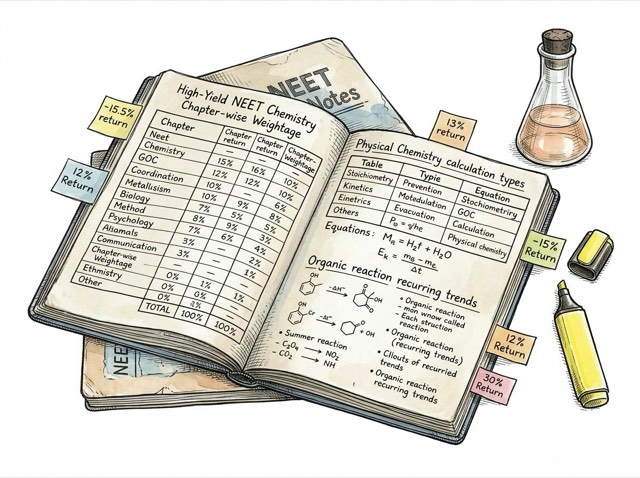 Hand-drawn physical chemistry scoring breakdown, chapter weightage, and calculation templates