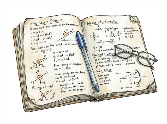 Himanshu's handwritten 30-page physics formula revision notebook with Reynolds pen and reading glasses
